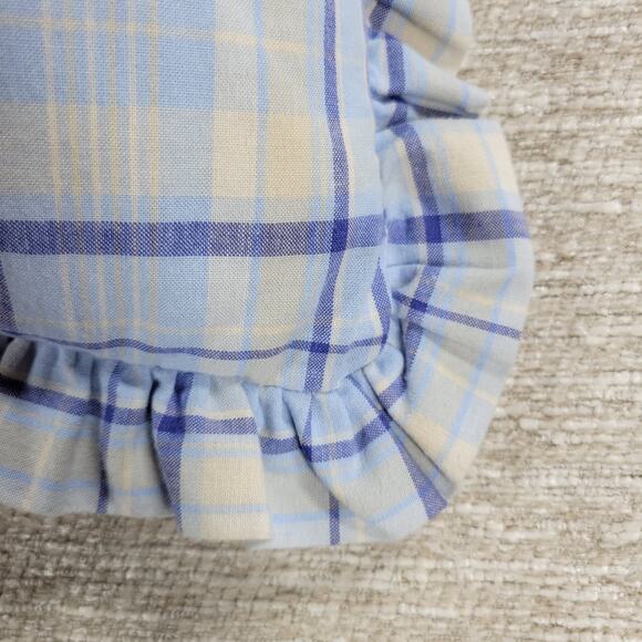 VTG Laura Ashley Emilie Pillow 16" Square Blue Cream Plaid Ruffle Trim Cotton - Picture 10 of 16